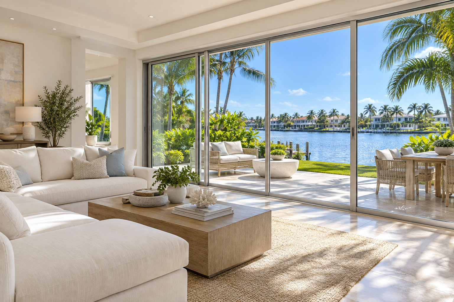 Sliding glass doors opening to a South Florida waterfront